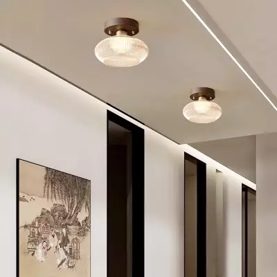 Caspian Retro Led Walnut Base Amber Fluted Glass Ceiling Light Caspian Retro Led Walnut Base Amber Fluted Glass Ceiling Light