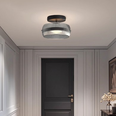 Dordelia Modern Led Drum Grey Fluted Glass Ceiling Light