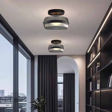Dordelia Modern Led Drum Grey Fluted Glass Ceiling Light