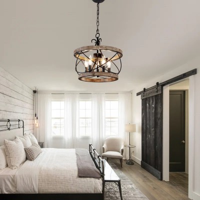 Cael Farmhouse Drum Wood Chandelier