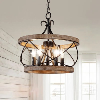 Cael Farmhouse Drum Wood Chandelier