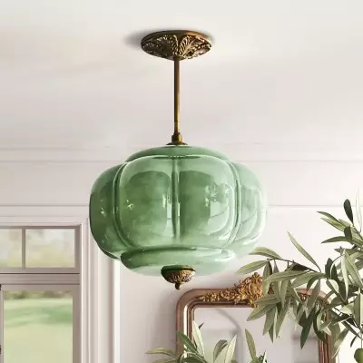 Vortan Antique Brass Green Glass Semi-Flush Mount Eloise Pendant Lamp Vortan Antique Brass Green Glass Semi-Flush Mount Eloise Pendant Lamp