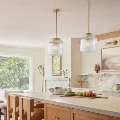 Alain Farmhouse Cooper Ribbed Glass Pendant Light Alain Farmhouse Cooper Ribbed Glass Pendant Light