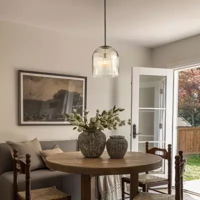 Alain Farmhouse Cooper Ribbed Glass Pendant Light Alain Farmhouse Cooper Ribbed Glass Pendant Light