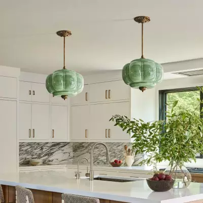 Vortan Antique Brass Green Glass Semi-Flush Mount Eloise Pendant Lamp Vortan Antique Brass Green Glass Semi-Flush Mount Eloise Pendant Lamp