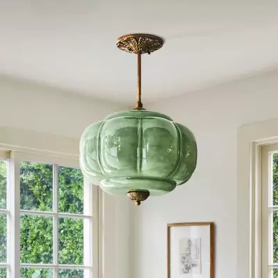 Vortan Antique Brass Green Glass Semi-Flush Mount Eloise Pendant Lamp Vortan Antique Brass Green Glass Semi-Flush Mount Eloise Pendant Lamp