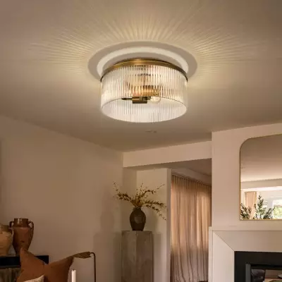 Sylan Farmhouse Round Ribbed Glass Flush Mount Ceiling Light Sylan Farmhouse Round Ribbed Glass Flush Mount Ceiling Light