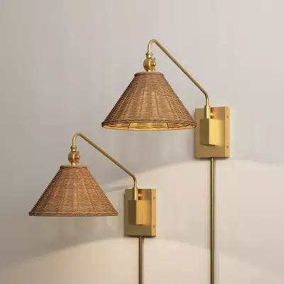 Novar Farmhouse Rattan Plug In Swing Arm Sconce(Set of 2) Novar Farmhouse Rattan Plug In Swing Arm Sconce(Set of 2)