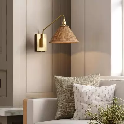 Novar Farmhouse Rattan Plug In Swing Arm Sconce(Set of 2) Novar Farmhouse Rattan Plug In Swing Arm Sconce(Set of 2)