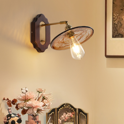 Poulsen Rustic Wood Amber Round Glass Wall Light Poulsen Rustic Wood Amber Round Glass Wall Light