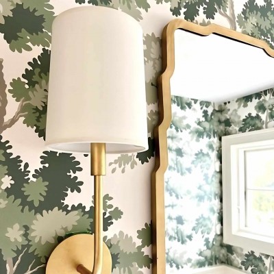 Syrinth Farmhouse Linen Shade Curved Arm Wall Lamp Syrinth Farmhouse Linen Shade Curved Arm Wall Lamp