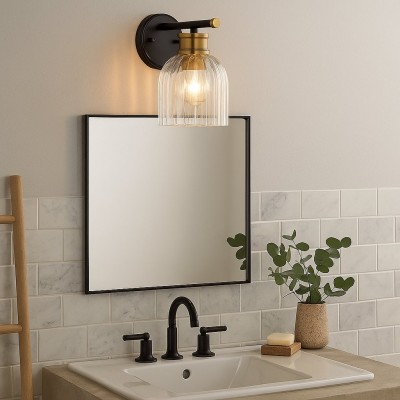 Lucienne Modern 9” Black Ribbed Glass Wall Light Lucienne Modern 9” Black Ribbed Glass Wall Light