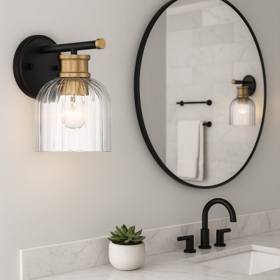 Lucienne Modern 9” Black Ribbed Glass Wall Light Lucienne Modern 9” Black Ribbed Glass Wall Light