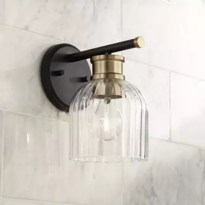 Lucienne Modern 9” Black Ribbed Glass Wall Light Lucienne Modern 9” Black Ribbed Glass Wall Light