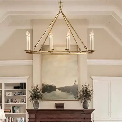 Jock French Gold Wagon Wheel Candle-Shaped Metal Chandelier Jock French Gold Wagon Wheel Candle-Shaped Metal Chandelier