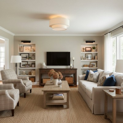 Elsbeth French Country White Linen Tiered Drum Ceiling Light