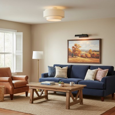 Elsbeth French Country White Linen Tiered Drum Ceiling Light