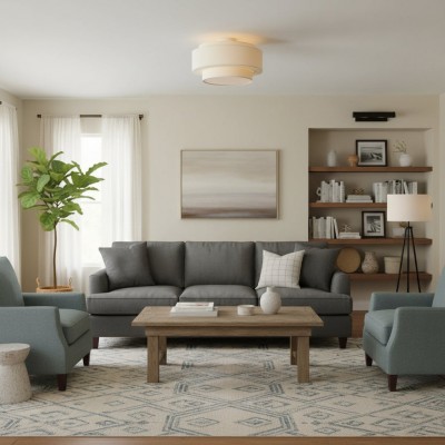 Elsbeth French Country White Linen Tiered Drum Ceiling Light