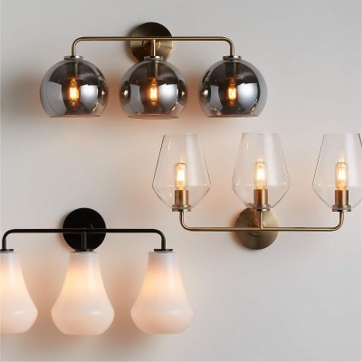 Konig Minimalist 3-Light Round Shade Brass Glass Wall Light Konig Minimalist 3-Light Round Shade Brass Glass Wall Light