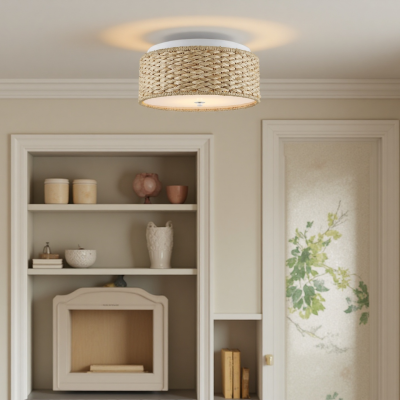 Miche Rustic Raffia Round Led Flush Mount Ceiling Light