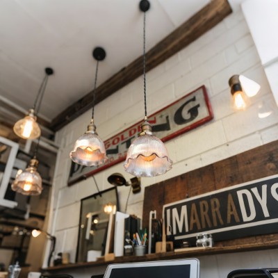 Gosling Vintage Brass Flower Ribbed Glass Pendant Light Gosling Vintage Brass Flower Ribbed Glass Pendant Light