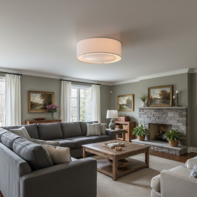 Haslam Wabi-Sabi White Linen Drum Shade Flush Mount Ceiling Light Haslam Wabi-Sabi White Linen Drum Shade Flush Mount Ceiling Light