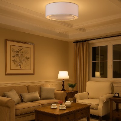 Haslam Wabi-Sabi White Linen Drum Shade Flush Mount Ceiling Light Haslam Wabi-Sabi White Linen Drum Shade Flush Mount Ceiling Light