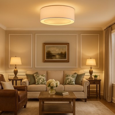 Haslam Wabi-Sabi White Linen Drum Shade Flush Mount Ceiling Light Haslam Wabi-Sabi White Linen Drum Shade Flush Mount Ceiling Light