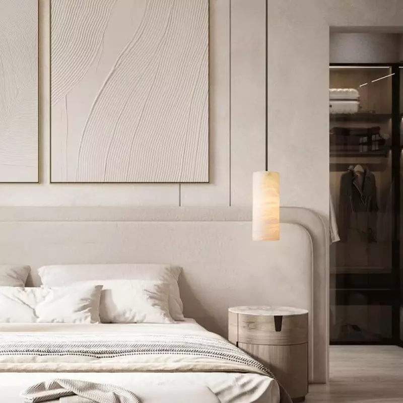 Modern Hand Carved Alabaster Cylinder Pendant Light