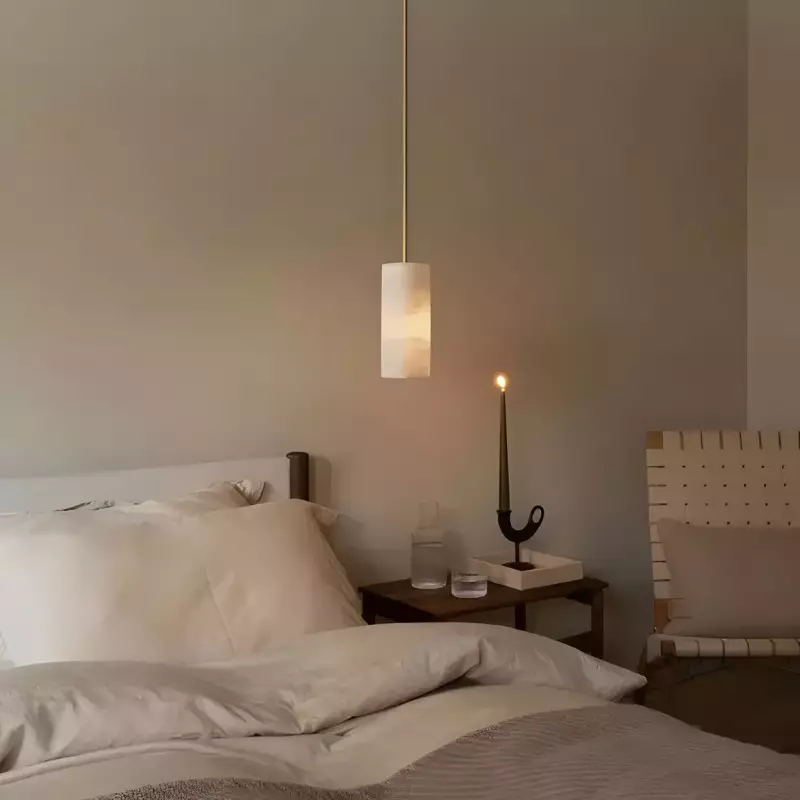Modern Hand Carved Alabaster Cylinder Pendant Light