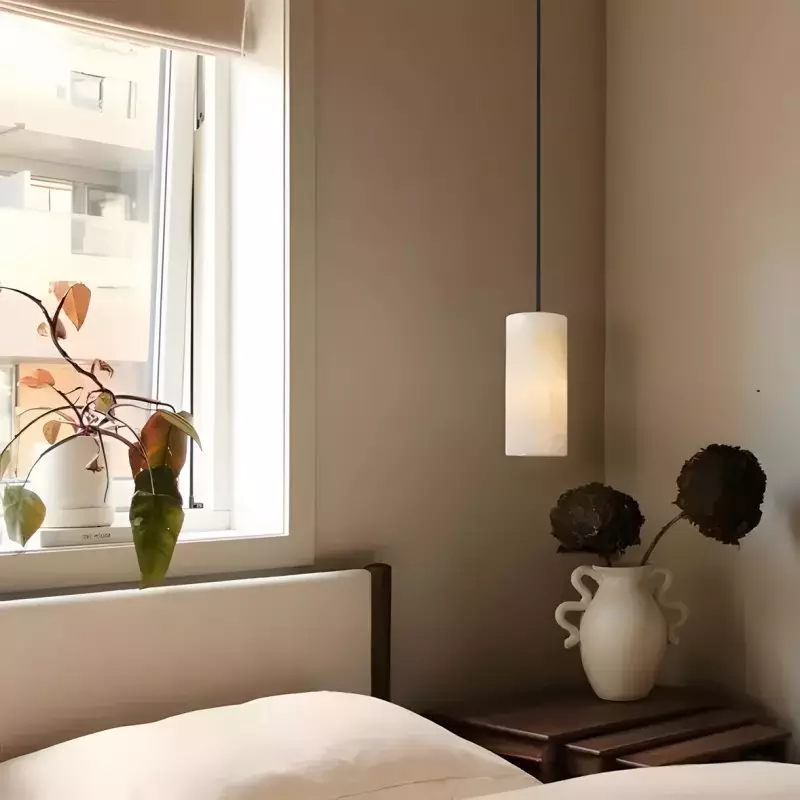Modern Hand Carved Alabaster Cylinder Pendant Light