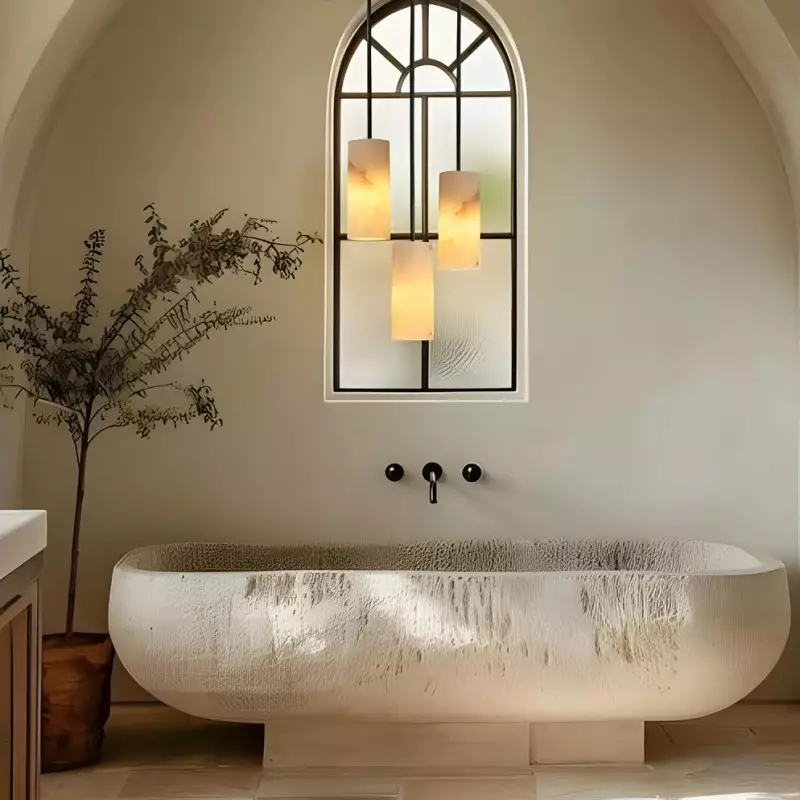 Modern Hand Carved Alabaster Cylinder Pendant Light