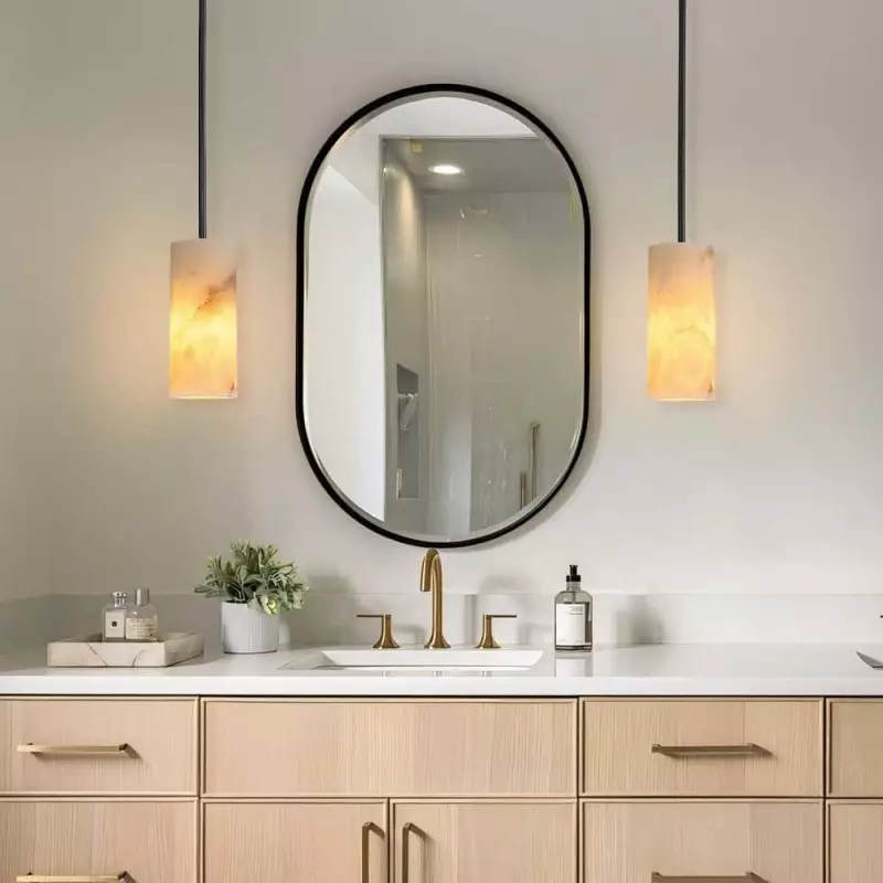 Modern Hand Carved Alabaster Cylinder Pendant Light