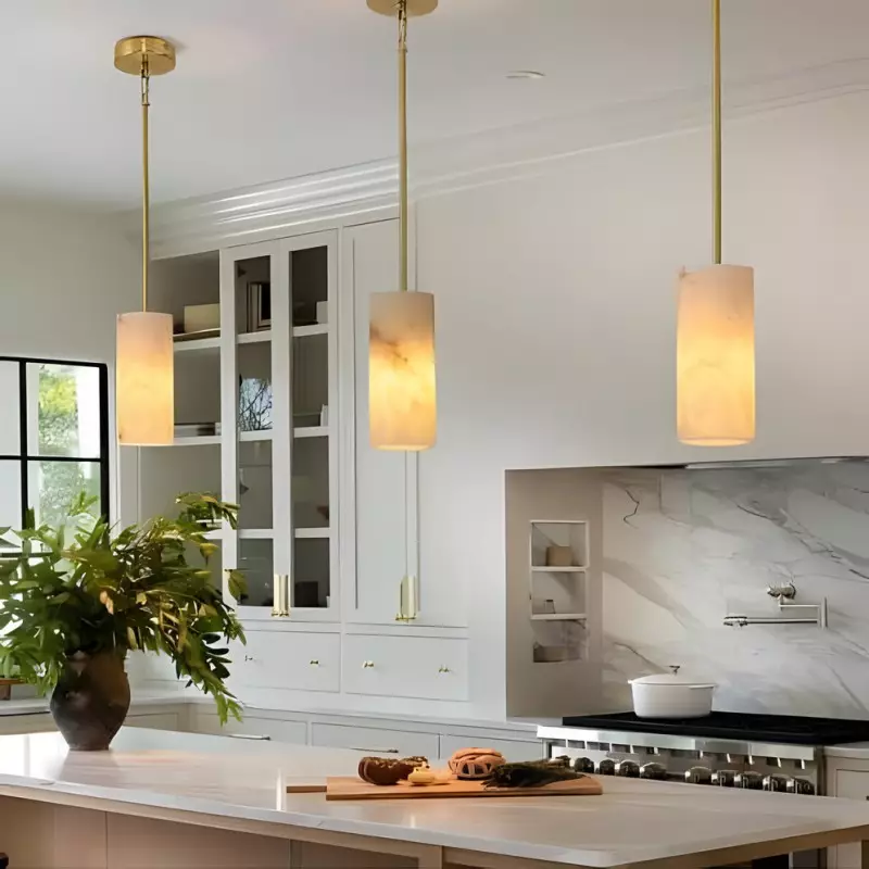 Modern Hand Carved Alabaster Cylinder Pendant Light