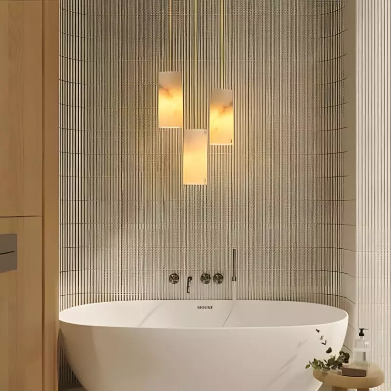 Modern Hand Carved Alabaster Cylinder Pendant Light