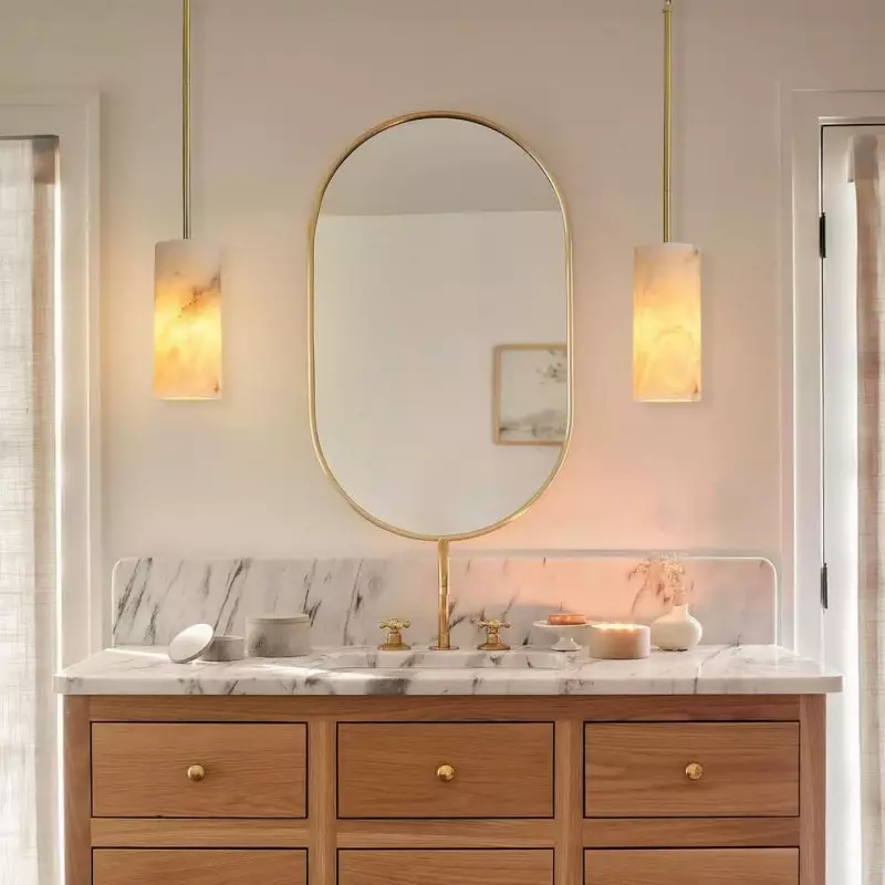 Modern Hand Carved Alabaster Cylinder Pendant Light