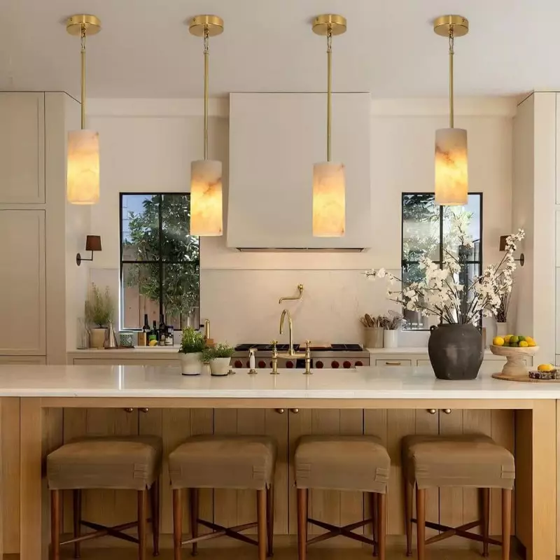 Modern Hand Carved Alabaster Cylinder Pendant Light