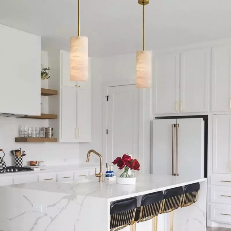 Modern Hand Carved Alabaster Cylinder Pendant Light