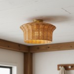 Martin Minimalist Natural Hat Shade Rattan Semi-Flush Mount Ceiling Light