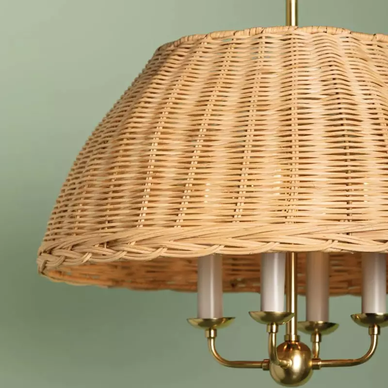 Margaret Minimalist Natural 4-Light Dome Rattan Brass Pendant Light Margaret Minimalist Natural 4-Light Dome Rattan Brass Pendant Light