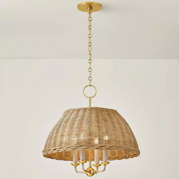 Margaret Minimalist Natural 4-Light Dome Rattan Brass Pendant Light