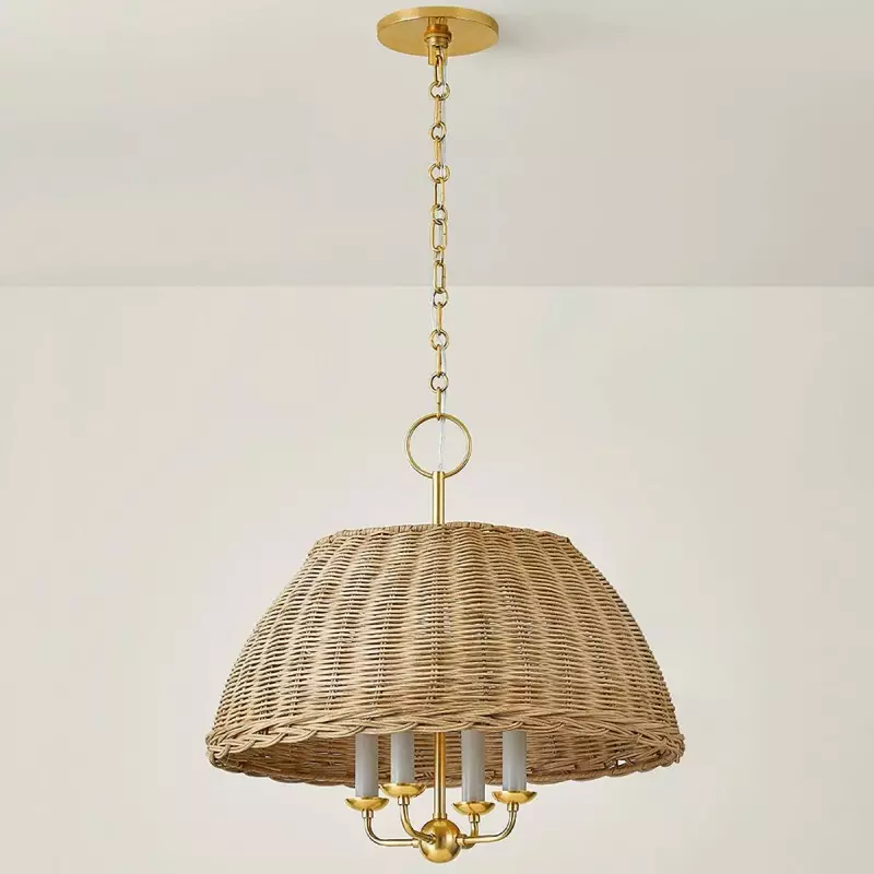Margaret Minimalist Natural 4-Light Dome Rattan Brass Pendant Light Margaret Minimalist Natural 4-Light Dome Rattan Brass Pendant Light