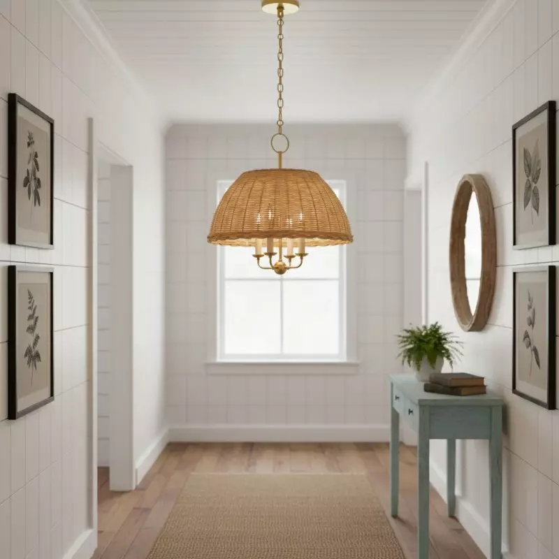 Margaret Minimalist Natural 4-Light Dome Rattan Brass Pendant Light Margaret Minimalist Natural 4-Light Dome Rattan Brass Pendant Light