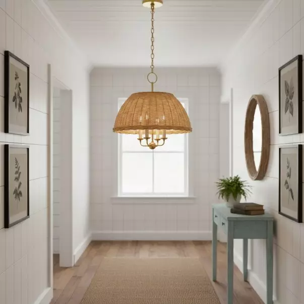 Margaret Minimalist Natural 4-Light Dome Rattan Brass Pendant Light