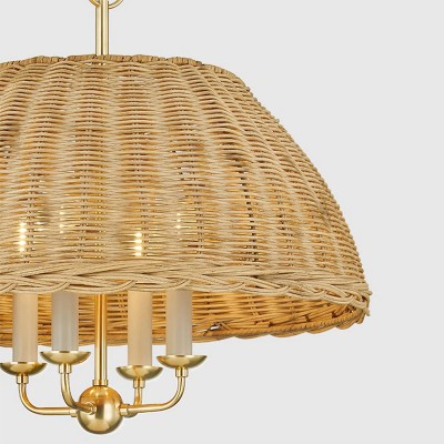 Margaret Minimalist Natural 4-Light Dome Rattan Brass Pendant Light Margaret Minimalist Natural 4-Light Dome Rattan Brass Pendant Light