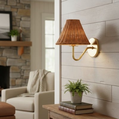 Betty Natural Rattan Cone Brass Wall Sconce Betty Natural Rattan Cone Brass Wall Sconce