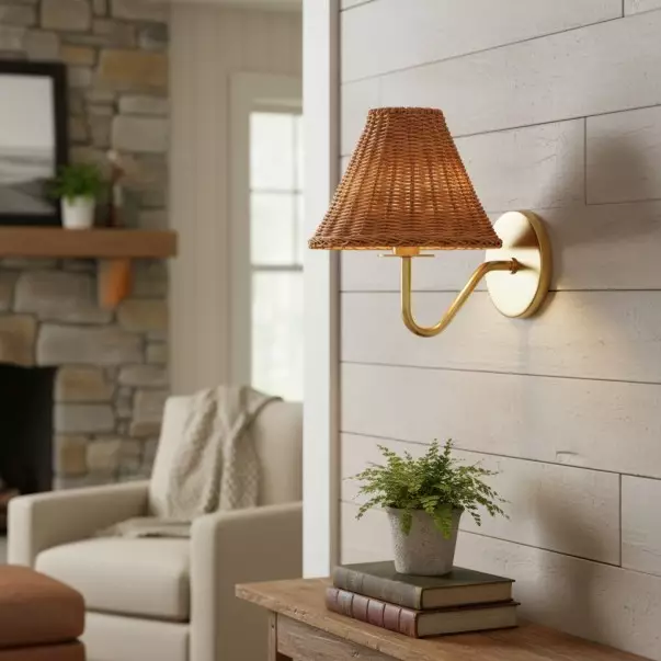 Betty Natural Rattan Cone Brass Wall Sconce