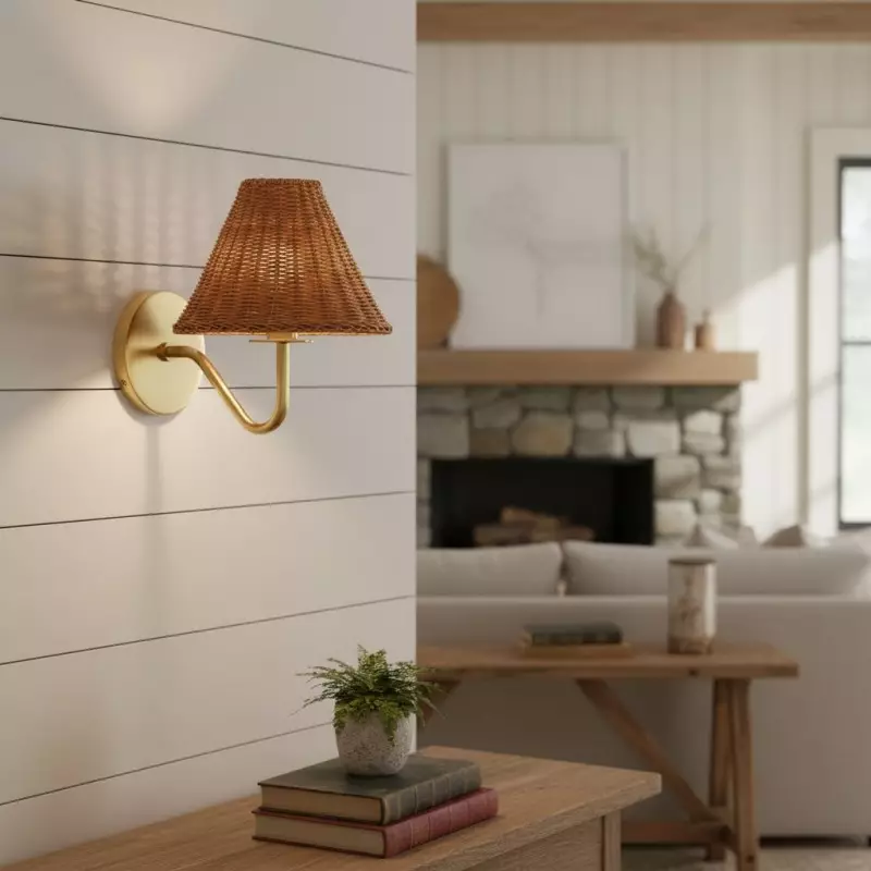Betty Natural Rattan Cone Brass Wall Sconce Betty Natural Rattan Cone Brass Wall Sconce