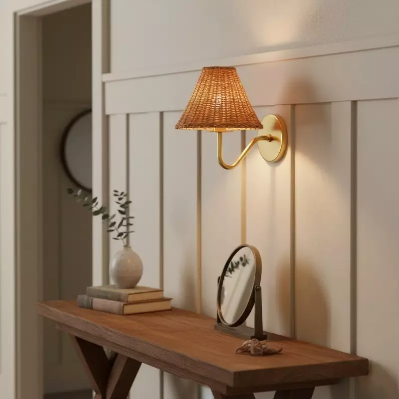 Betty Natural Rattan Cone Brass Wall Sconce Betty Natural Rattan Cone Brass Wall Sconce