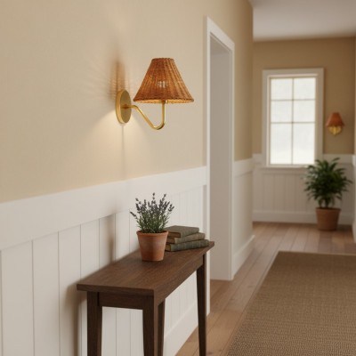 Betty Natural Rattan Cone Brass Wall Sconce Betty Natural Rattan Cone Brass Wall Sconce